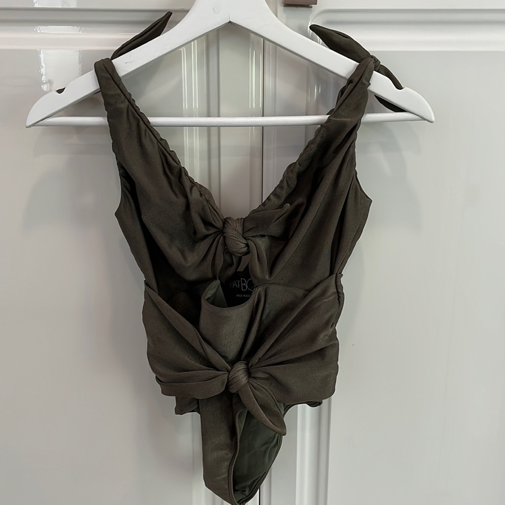 PatBO olive green one piece swimsuit with cut outs and tie details size small